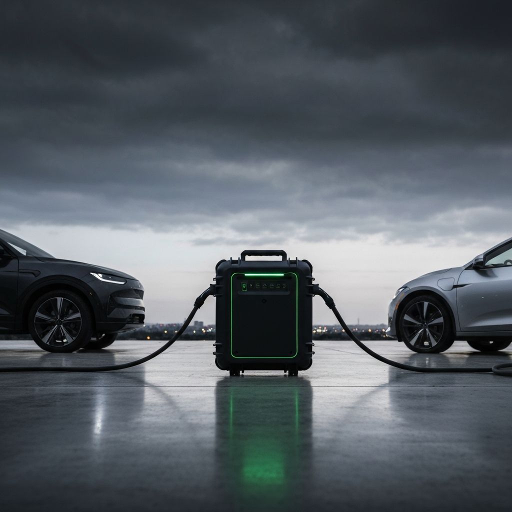 RubiX V2VDC40 portable DC fast charger connecting two electric vehicles at dusk