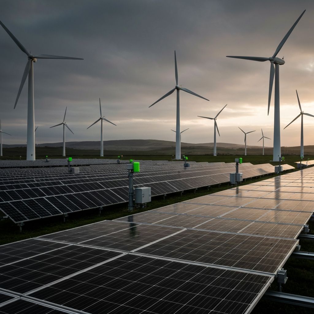 Solar farm and wind turbines — renewable energy infrastructure
